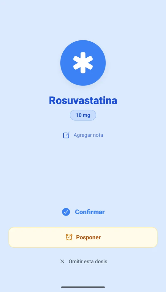 Pantalla de alarma de Pill O-Clock mostrando Rosuvastatina 10 mg con las opciones Confirmar, Posponer y Omitir esta dosis.