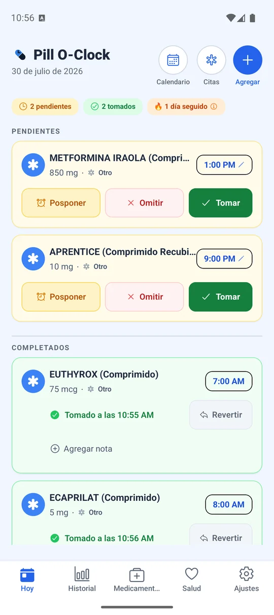 Pantalla principal de Pill O-Clock: 2 dosis pendientes y 2 tomadas, con Metformina 850 mg a las 13:00 y Rosuvastatina 10 mg a las 21:00 por tomar.